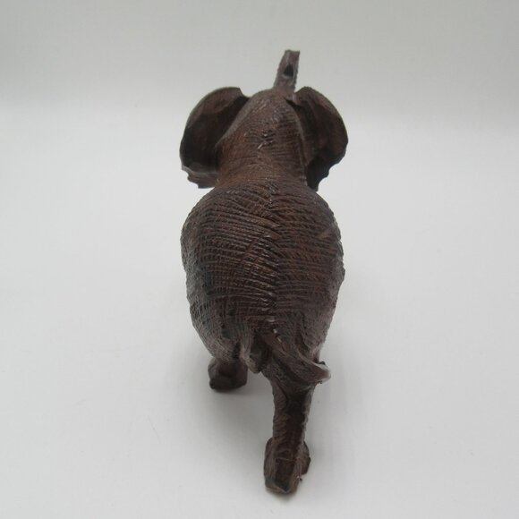 Vintage raised trunk resin elephant with tusks - brown textured faux wood - 3" - Picture 8 of 11